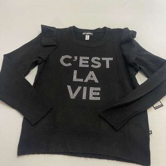 NWT Karl Lagerfeld Black C’est La Vie Rhinestone Sweater Size Small New - Picture 1 of 7